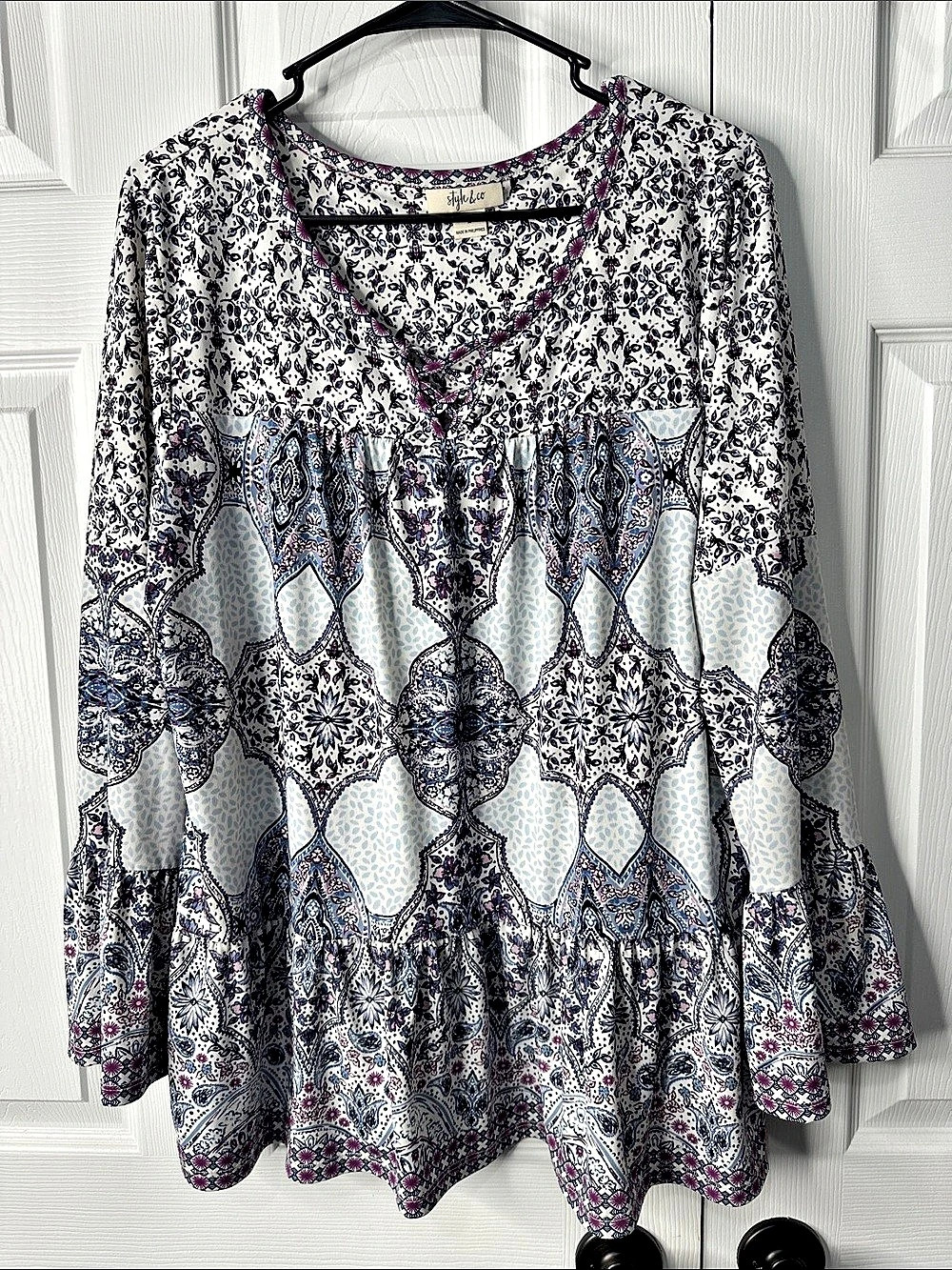 Style & Co Women's Geometric Tunic in White & Blue Size Large